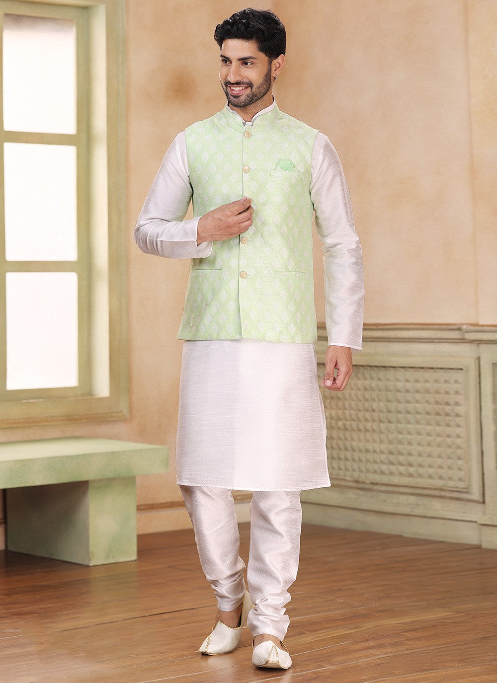 Fancy Work Banarasi Silk, Jacquard Green, Off White Kurta Payjama With Jacket - M5359