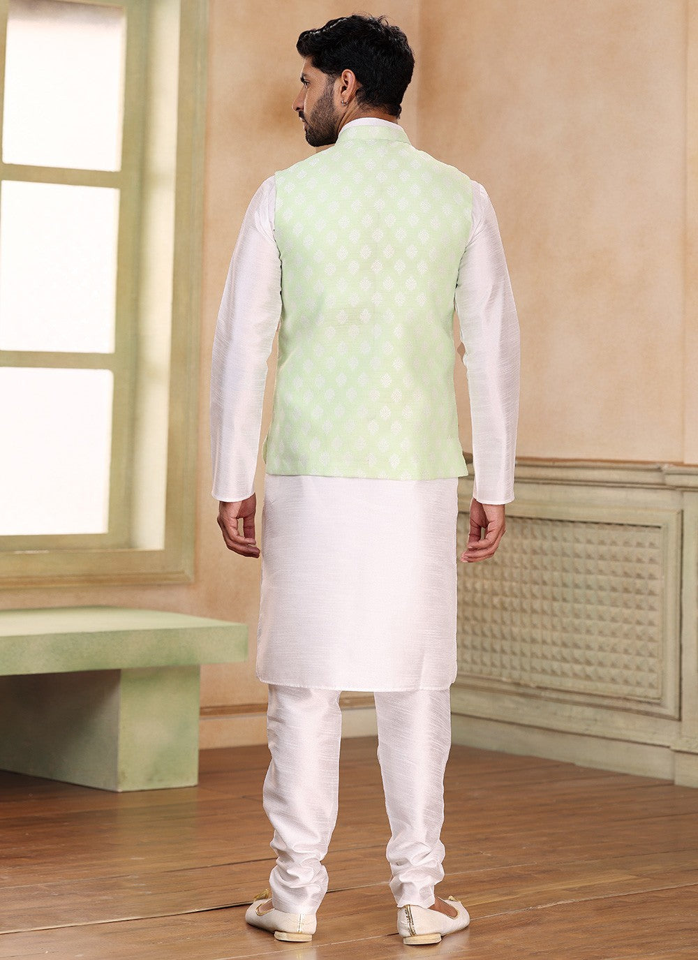 Fancy Work Banarasi Silk, Jacquard Green, Off White Kurta Payjama With Jacket - M5359