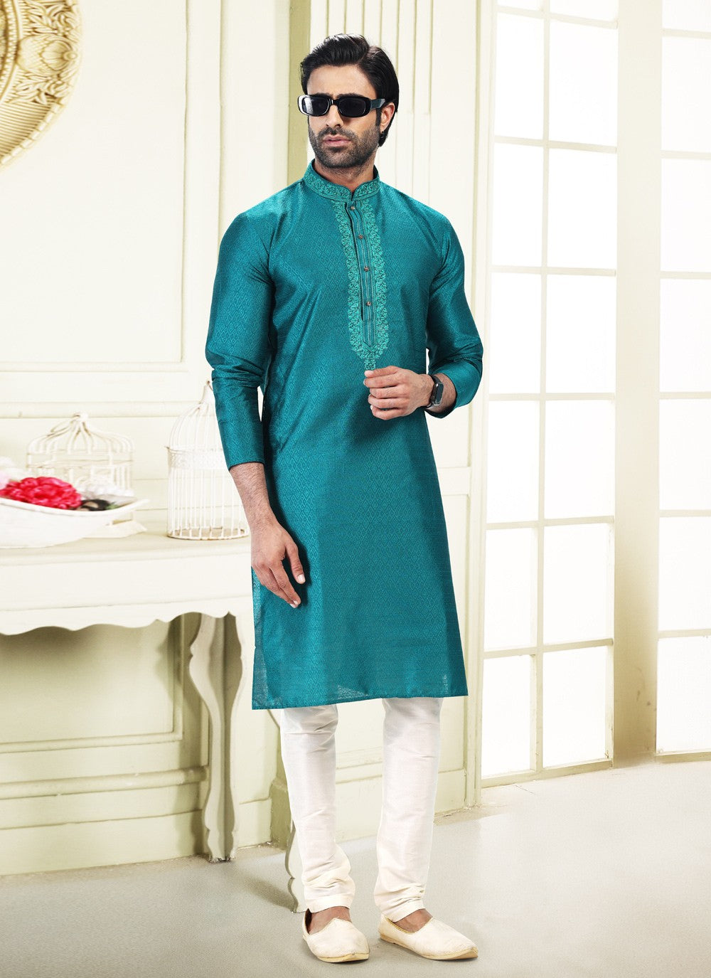 Fancy Work Banarasi Silk, Jacquard Rama Kurta Pyjama - M4864