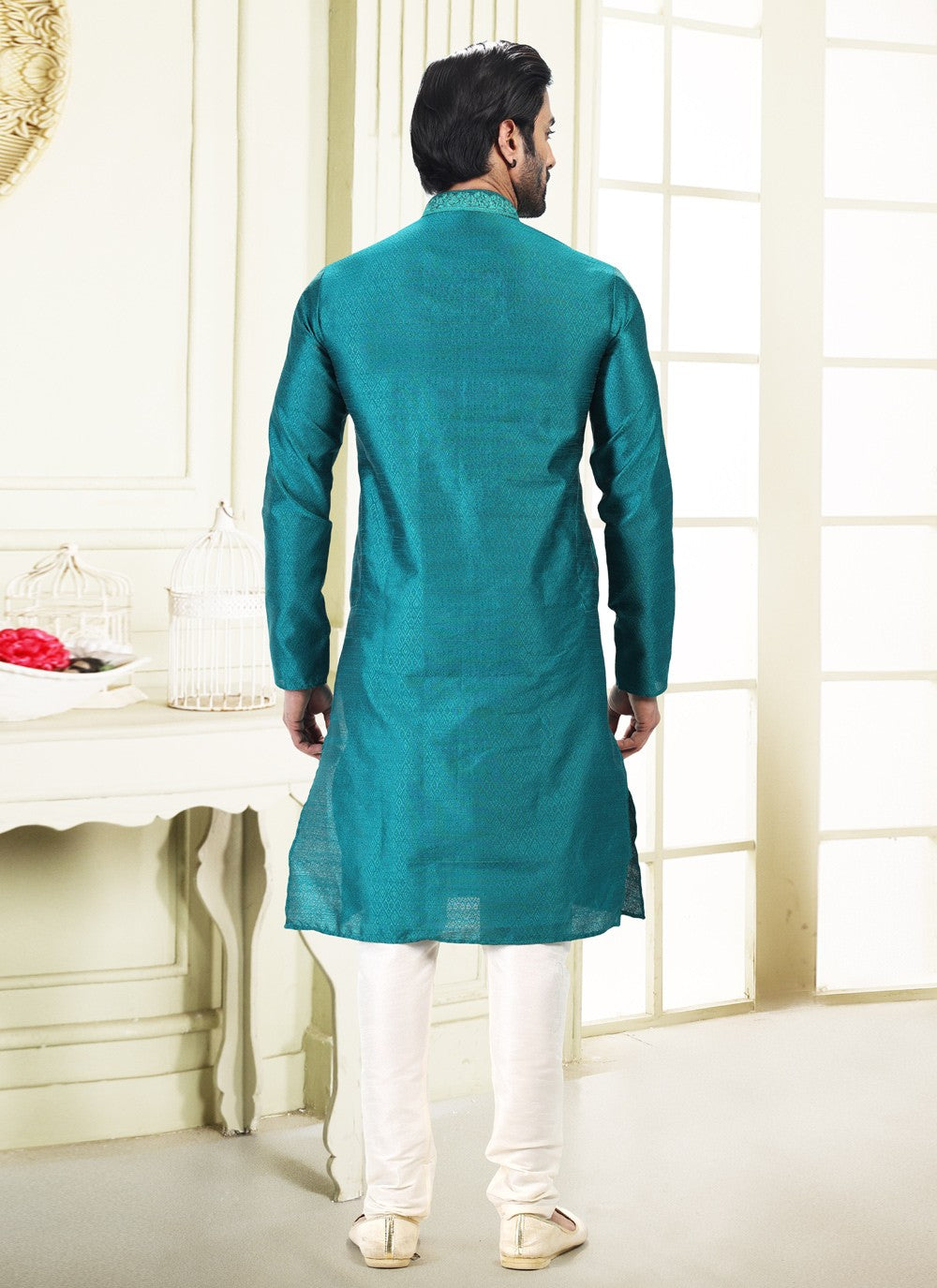 Fancy Work Banarasi Silk, Jacquard Rama Kurta Pyjama - M4864