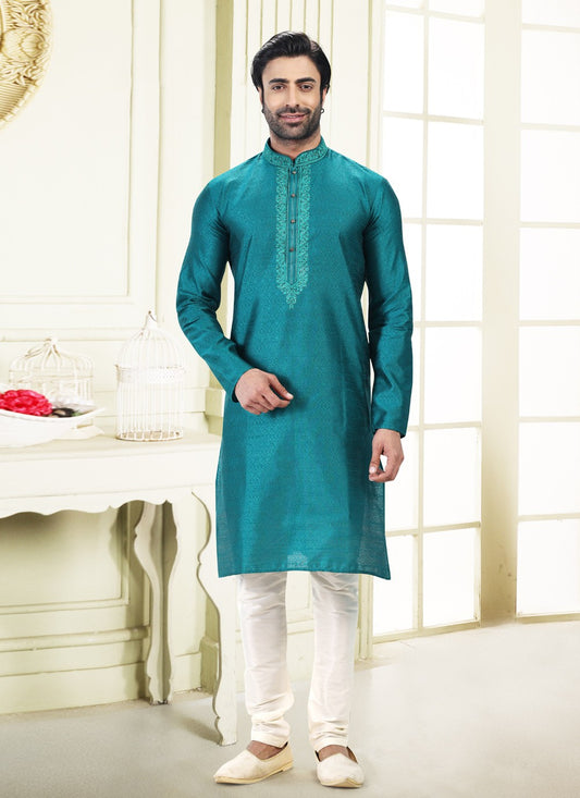 Fancy Work Banarasi Silk, Jacquard Rama Kurta Pyjama - M4864