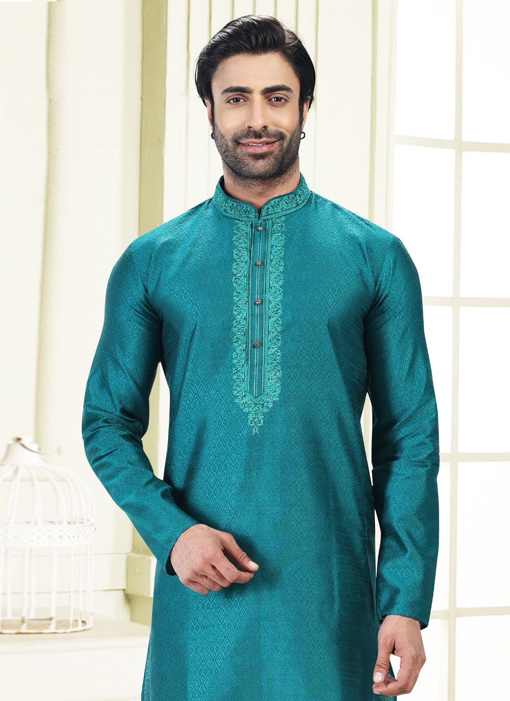 Fancy Work Banarasi Silk, Jacquard Rama Kurta Pyjama - M4864