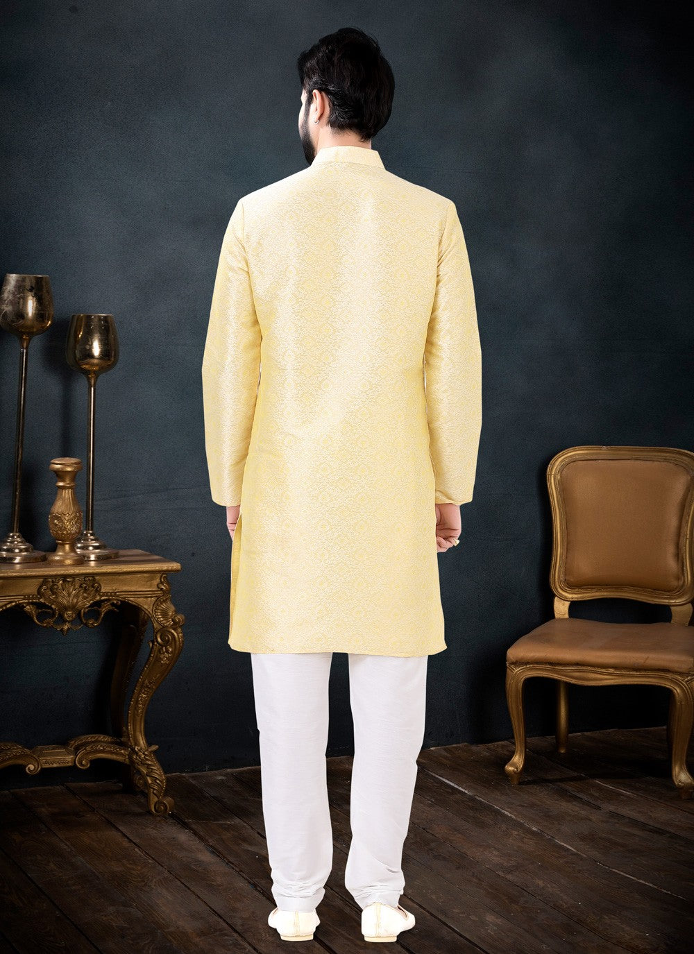 Fancy Work Jacquard Yellow Kurta Pyjama - M4452