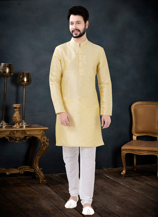 Fancy Work Jacquard Yellow Kurta Pyjama - M4452