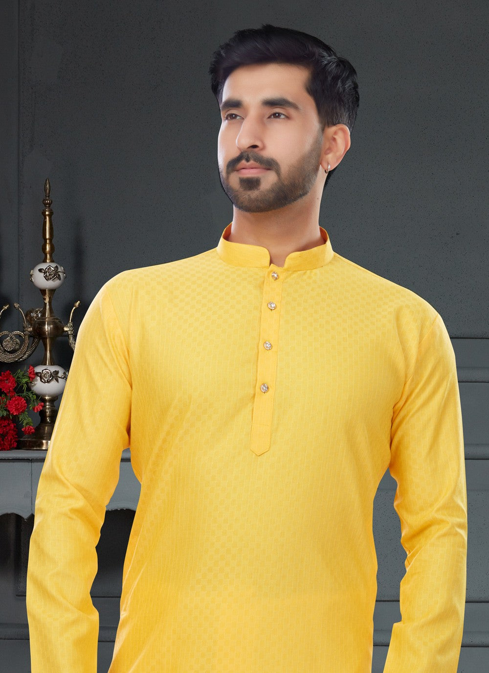 Fancy Work Cotton , Jacquard Yellow Kurta Pyjama - M4751