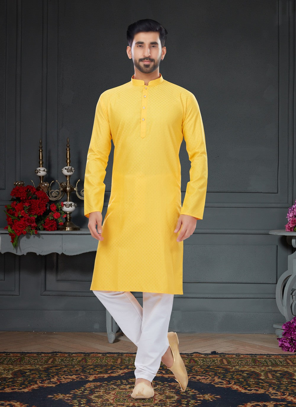 Fancy Work Cotton , Jacquard Yellow Kurta Pyjama - M4751