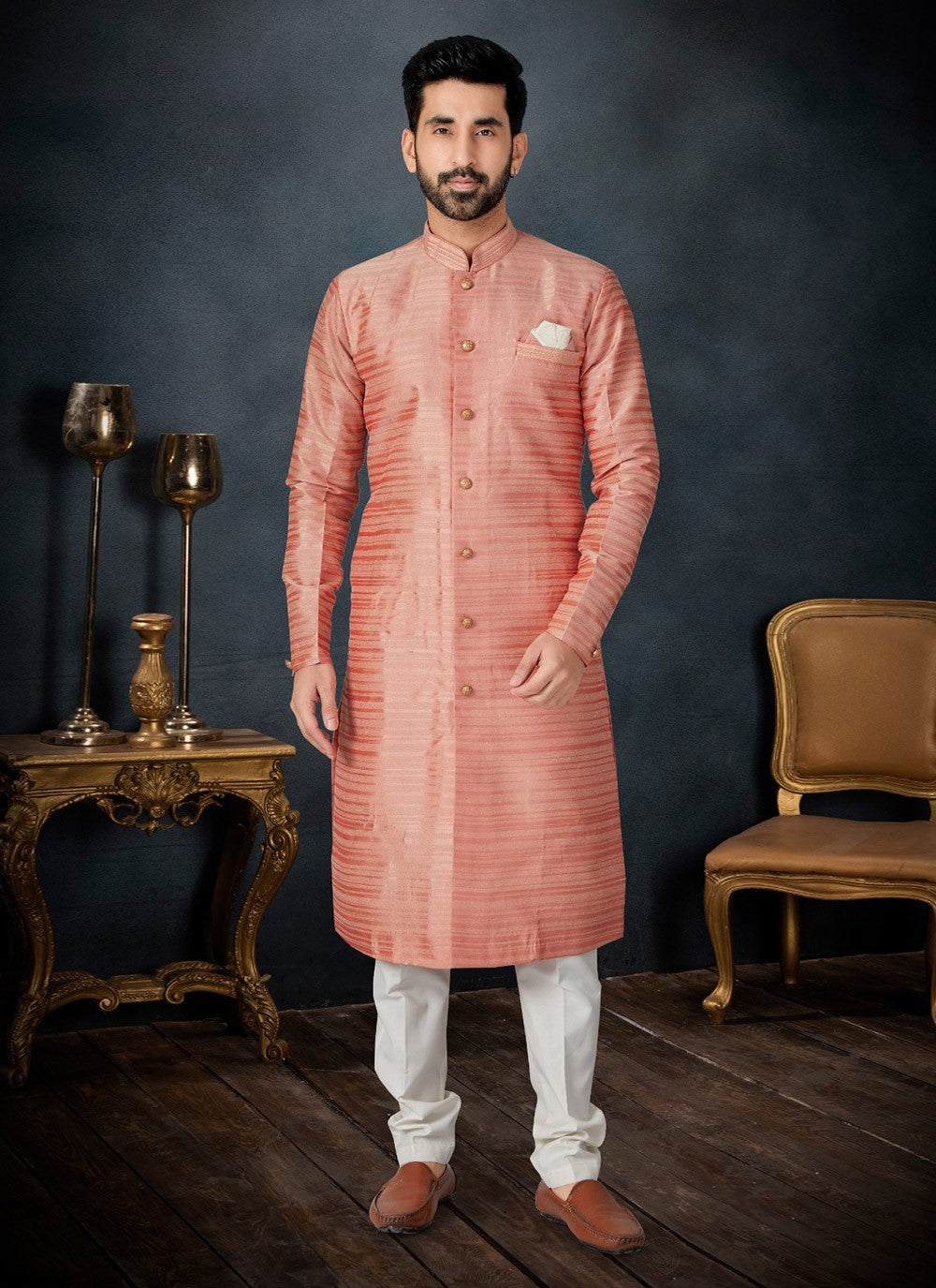 Fancy Work Jacquard Rust Kurta Pyjama - M7118