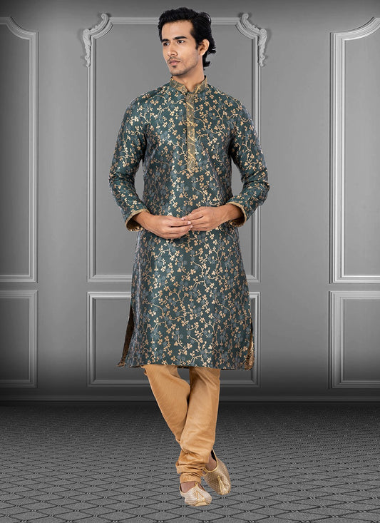 Foliage Prints Jacquard Green Kurta Pyjama - M3661