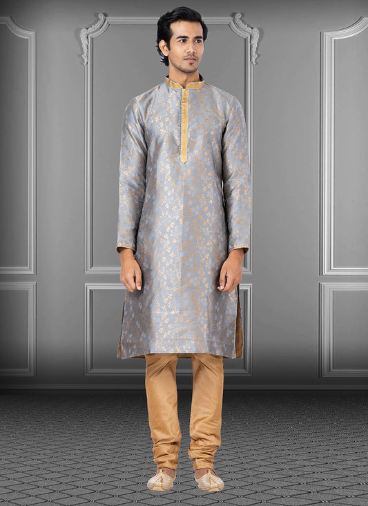 Foliage Prints Jacquard Grey Kurta Pyjama - M3657