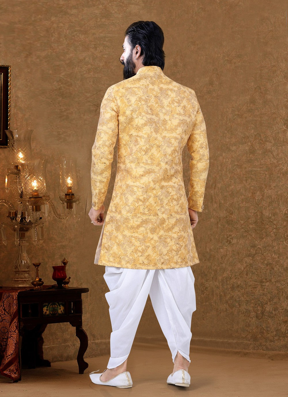 Foliage Prints Jacquard Yellow Dhoti Kurta - M3956