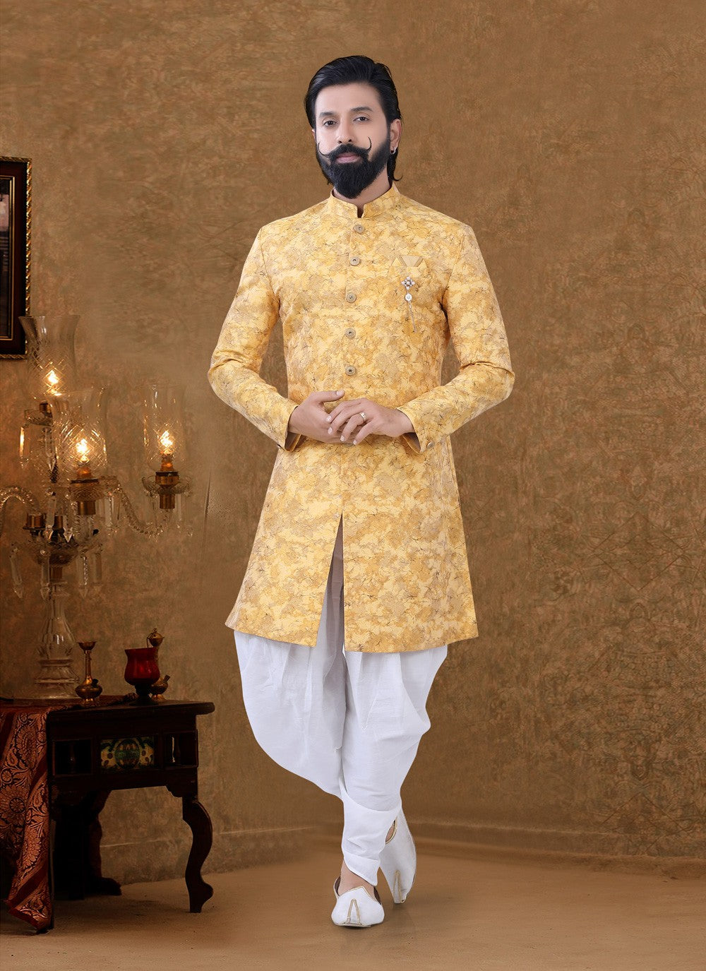 Foliage Prints Jacquard Yellow Dhoti Kurta - M3956