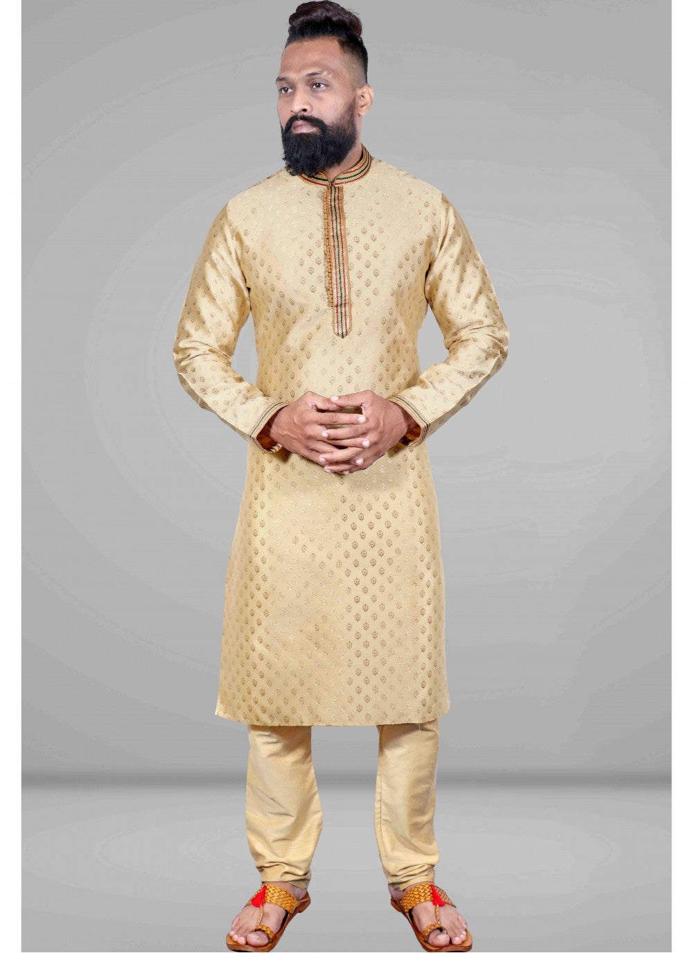 Embroidered Jacquard Gold Kurta Pyjama - M1830