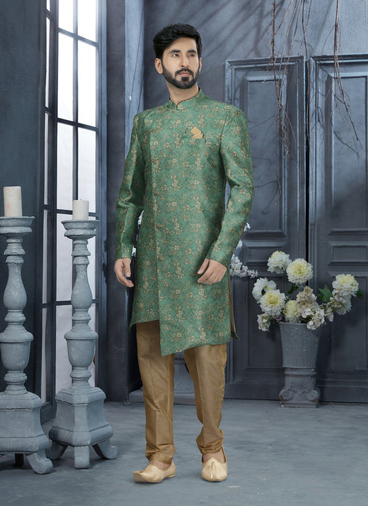 Digital Print Jacquard Green Indo Western Sherwani - M2922