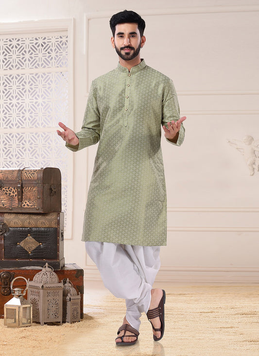 Embroidered Jacquard Green Dhoti Kurta - M4692