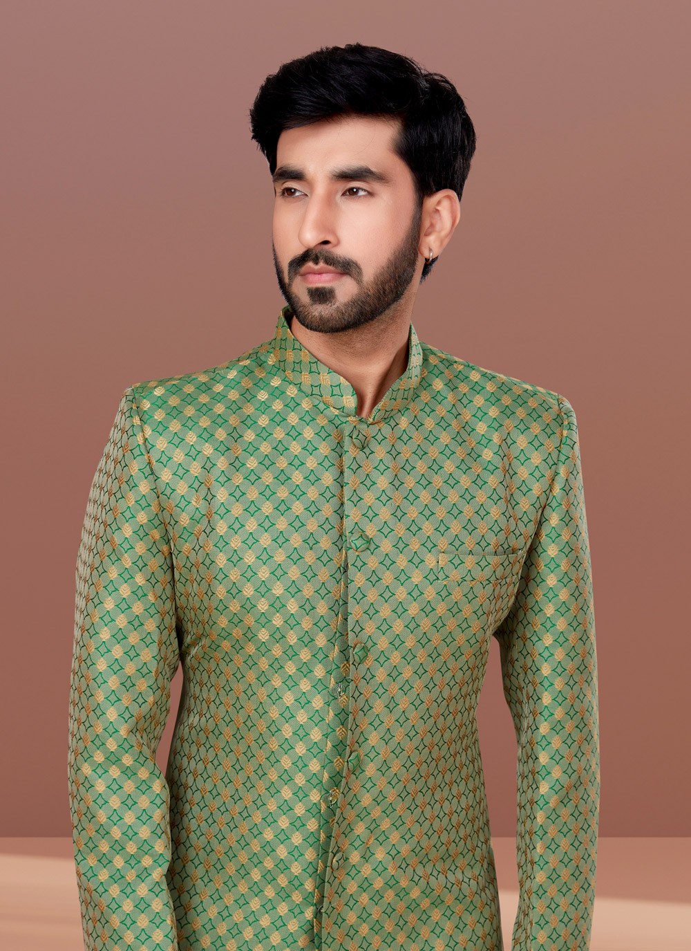 Fancy Work Jacquard Green Indo Western - M4642