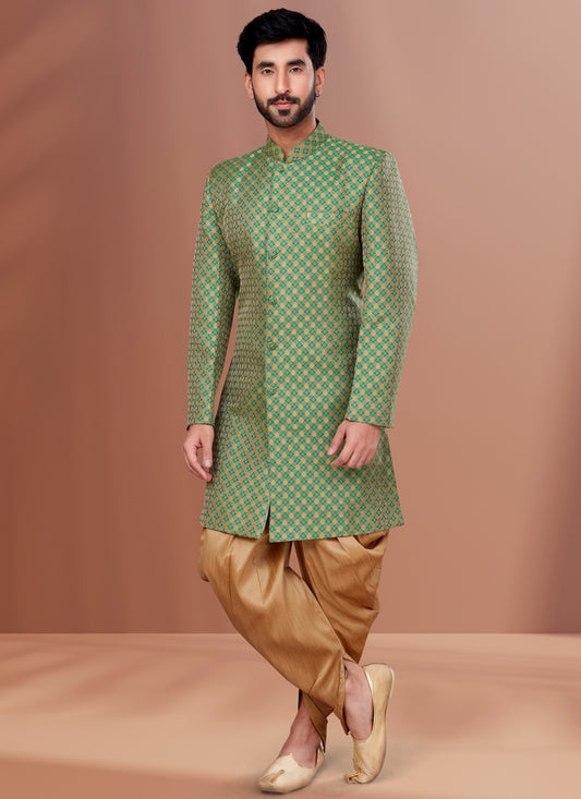 Fancy Work Jacquard Green Indo Western - M4642