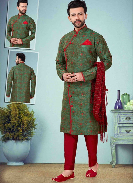 Embroidered Jacquard Green Indo Western - M1640