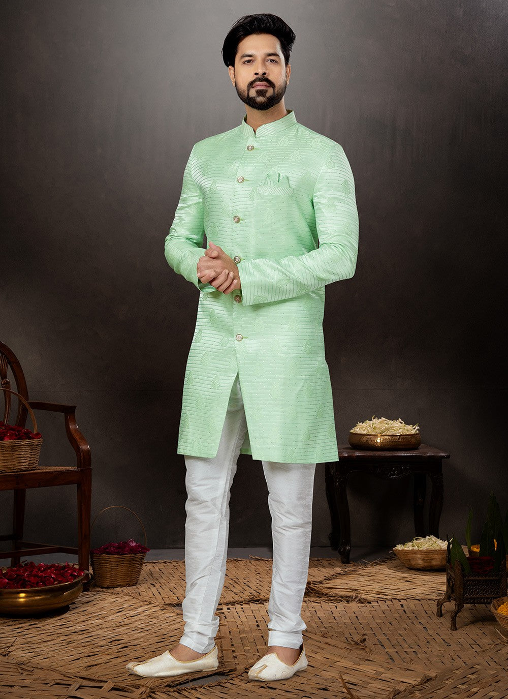 Embroidered Jacquard Green Indo Western Sherwani - M4821