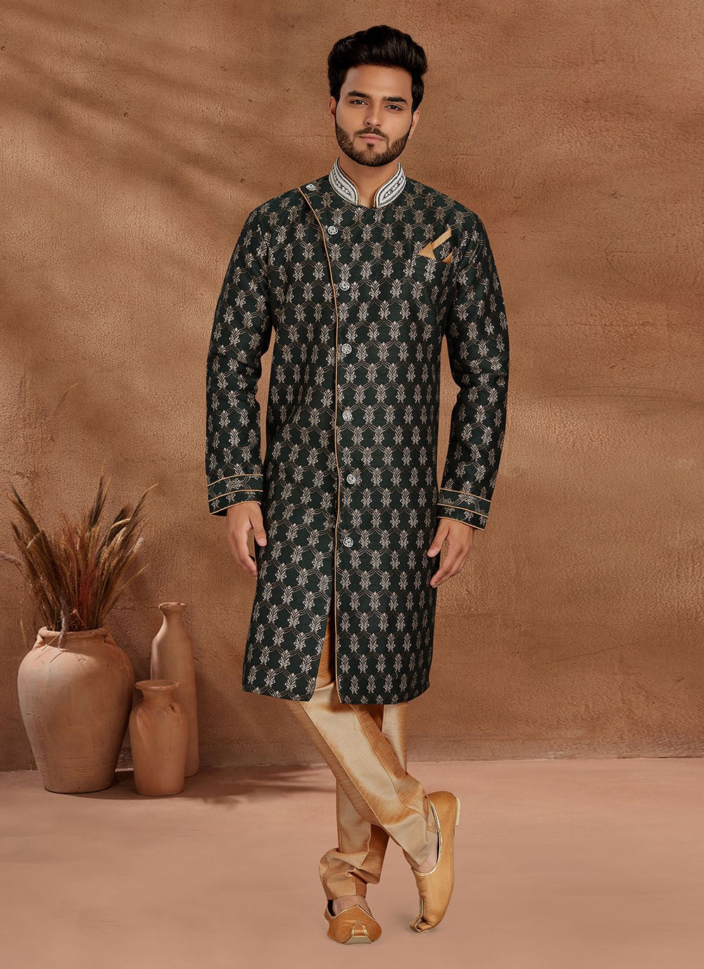 Jacquard Work Jacquard Green Indo Western - M2675