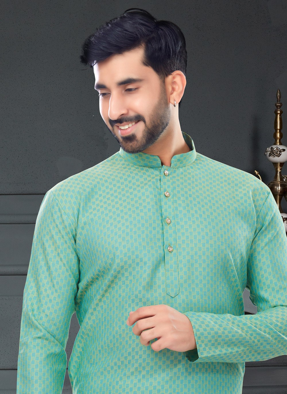 Fancy Work Cotton , Jacquard Green Kurta Pyjama - M4750