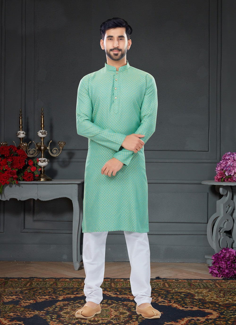 Fancy Work Cotton , Jacquard Green Kurta Pyjama - M4750