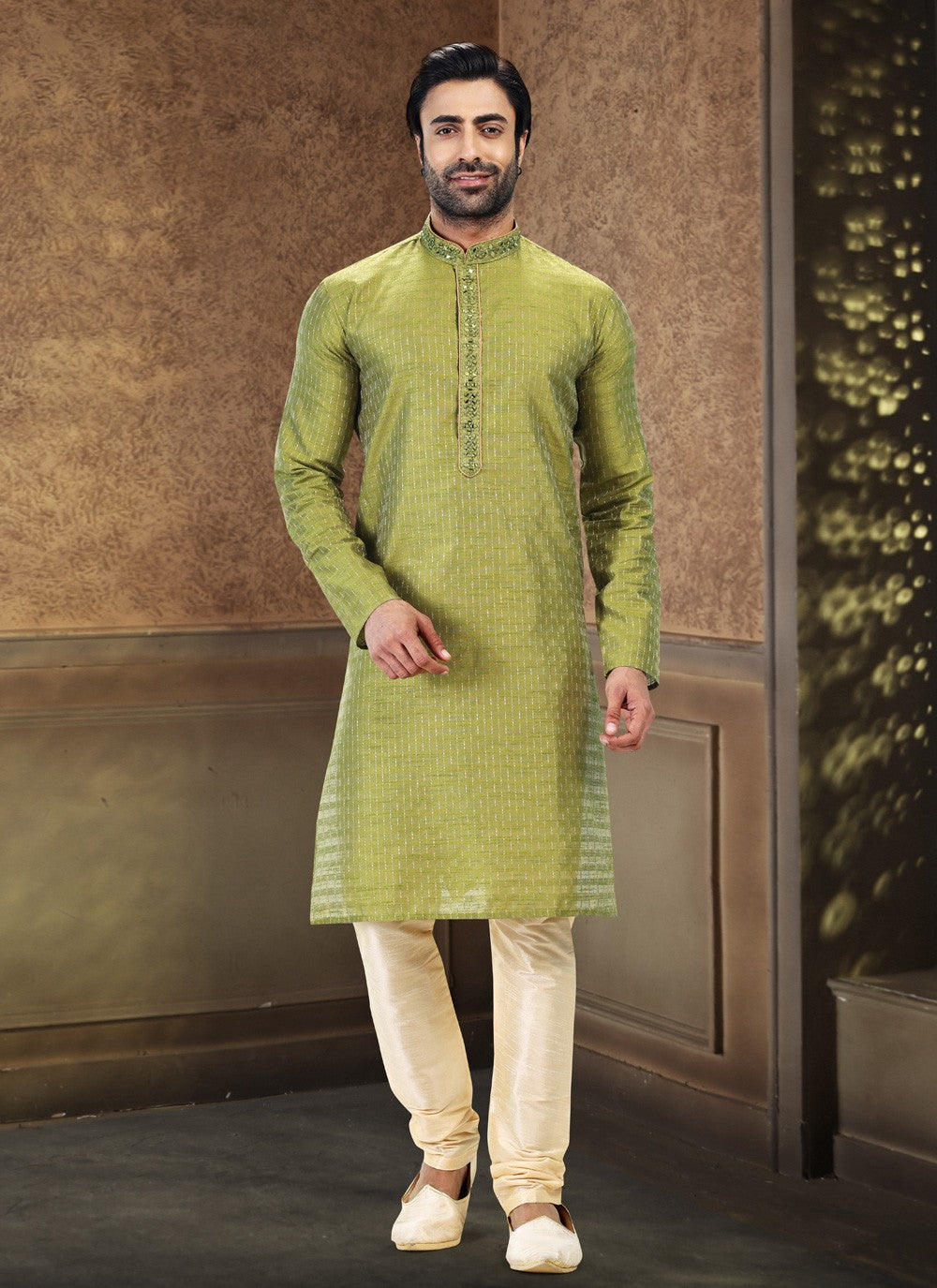 Fancy Work Art Silk, Jacquard Green Kurta Pyjama - M4872