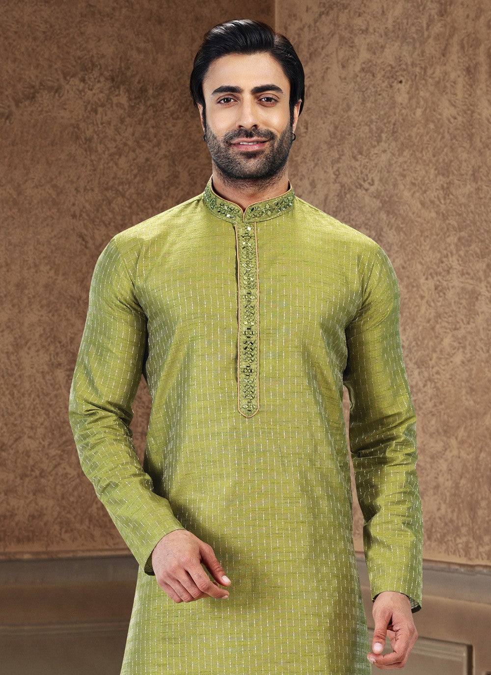 Fancy Work Art Silk, Jacquard Green Kurta Pyjama - M4872