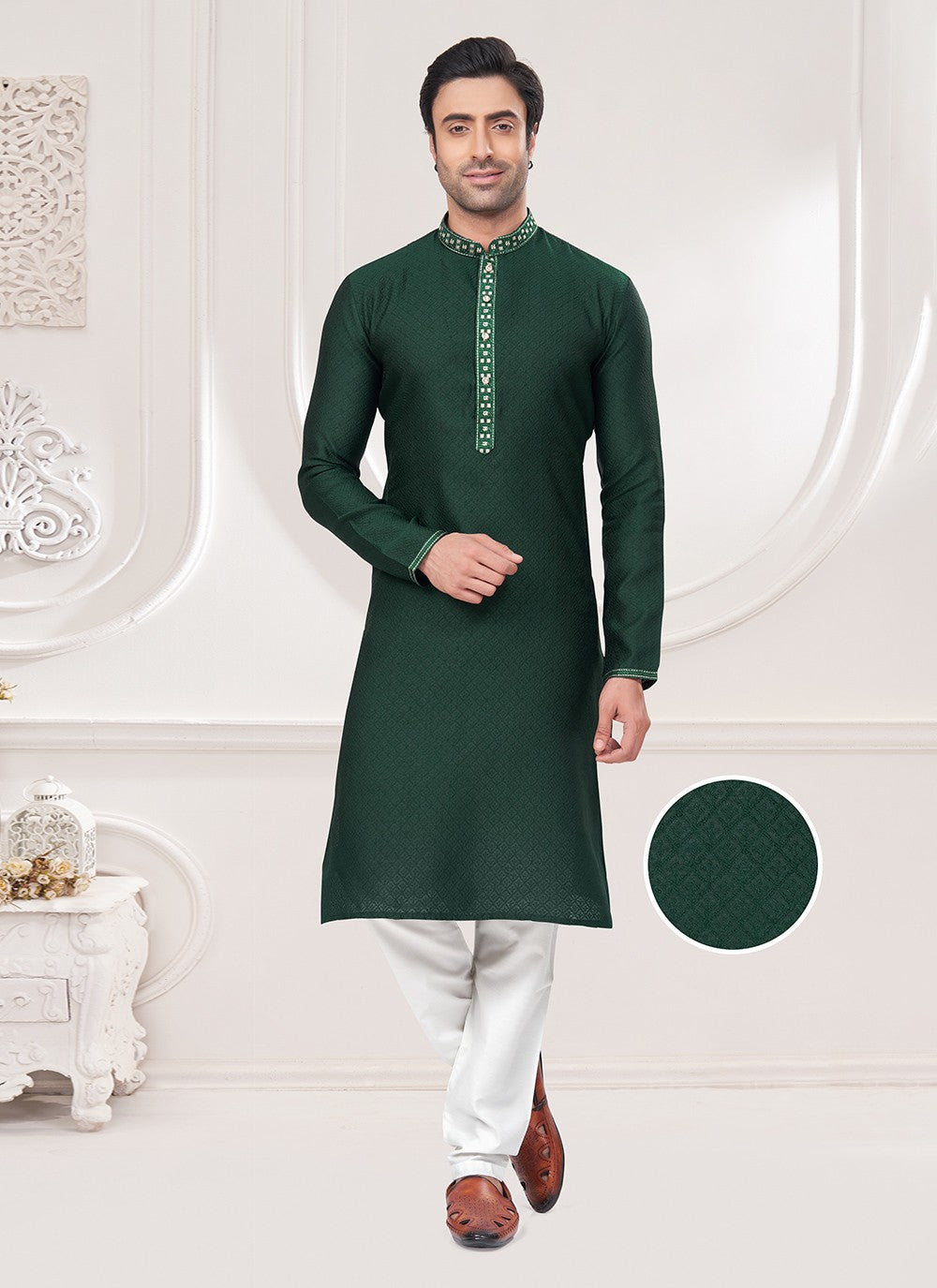 Mirror Jacquard Green Kurta Pyjama - M8489