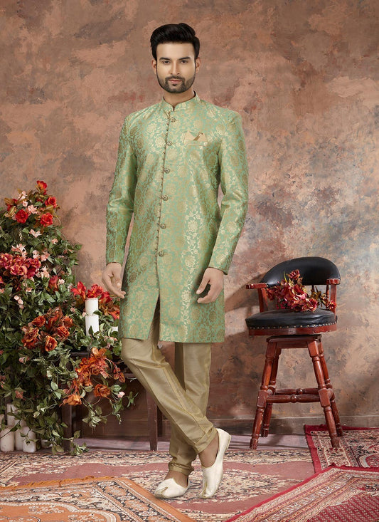 Digital Print Jacquard Green Indo Western Sherwani - M2896