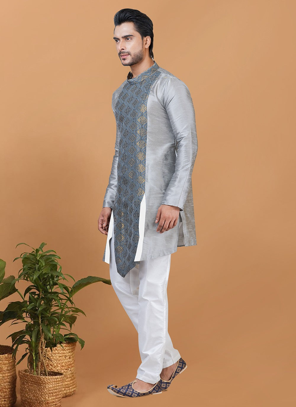 Digital Print Banarasi Silk, Jacquard Grey Kurta Pyjama - M5961