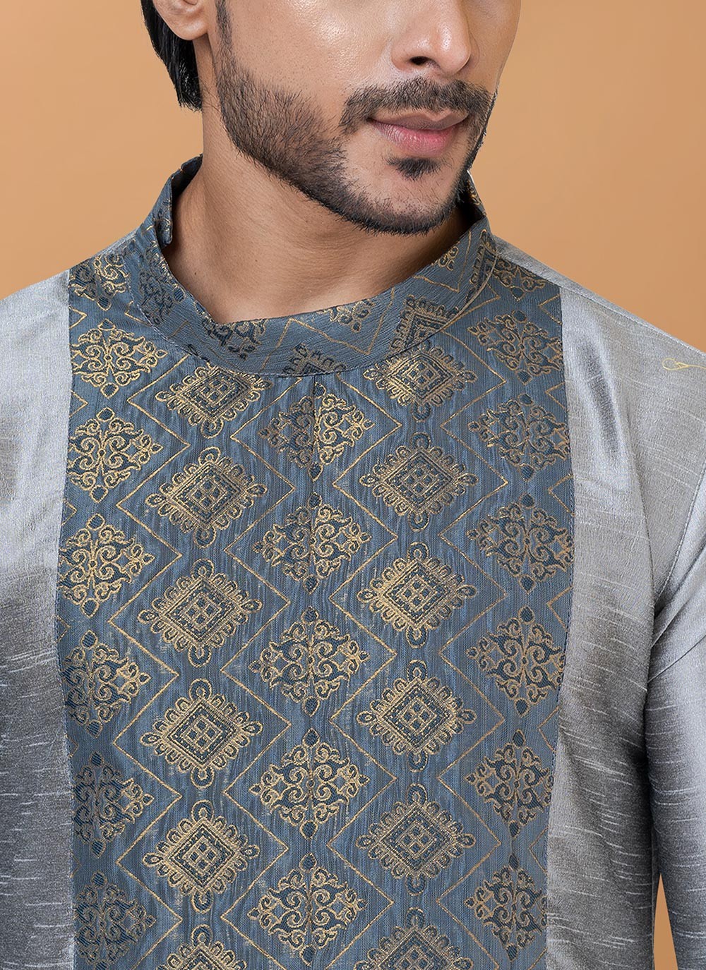 Digital Print Banarasi Silk, Jacquard Grey Kurta Pyjama - M5961