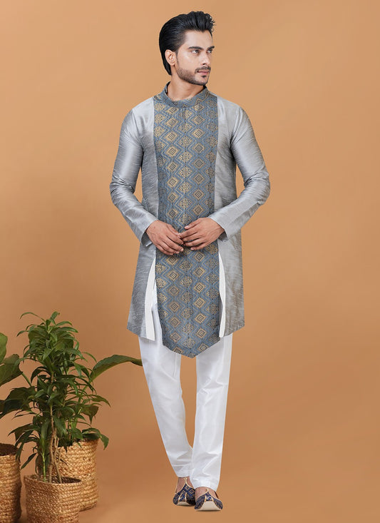 Digital Print Banarasi Silk, Jacquard Grey Kurta Pyjama - M5961