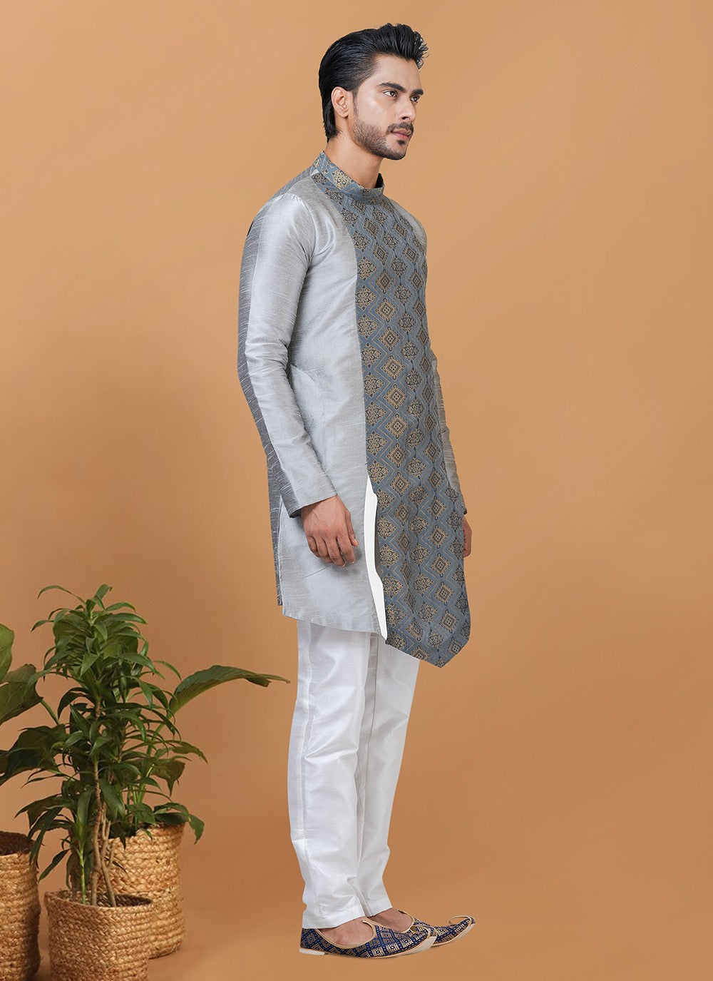 Digital Print Banarasi Silk, Jacquard Grey Kurta Pyjama - M5961