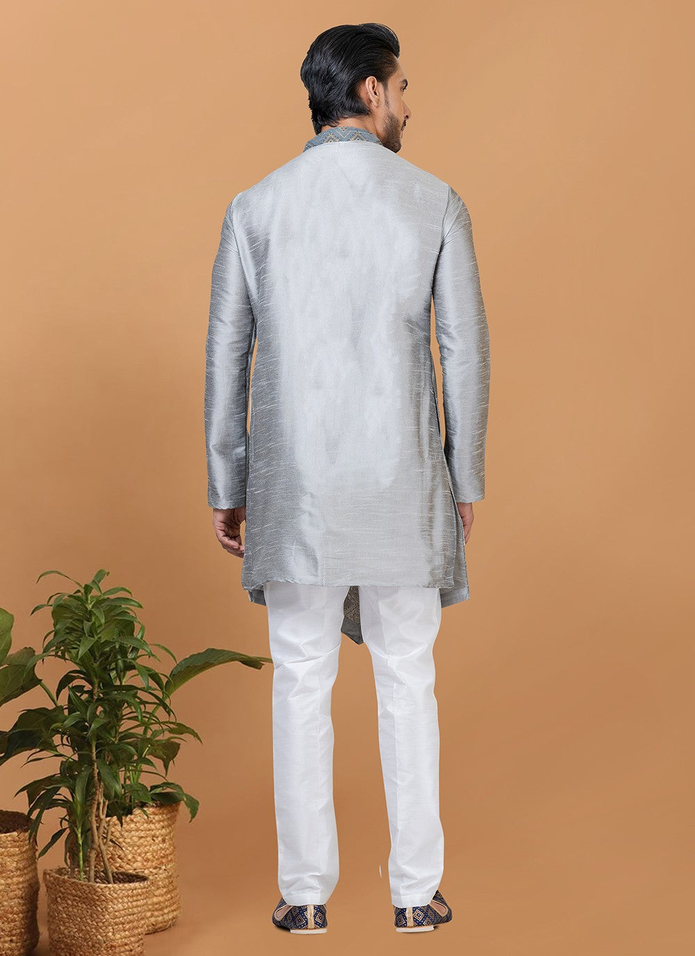 Digital Print Banarasi Silk, Jacquard Grey Kurta Pyjama - M5961