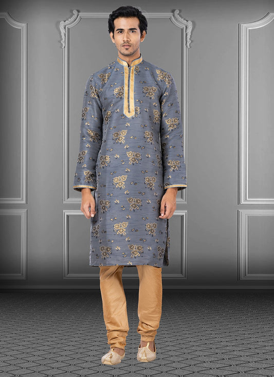 Fancy Work Jacquard Grey Kurta Pyjama - M3659