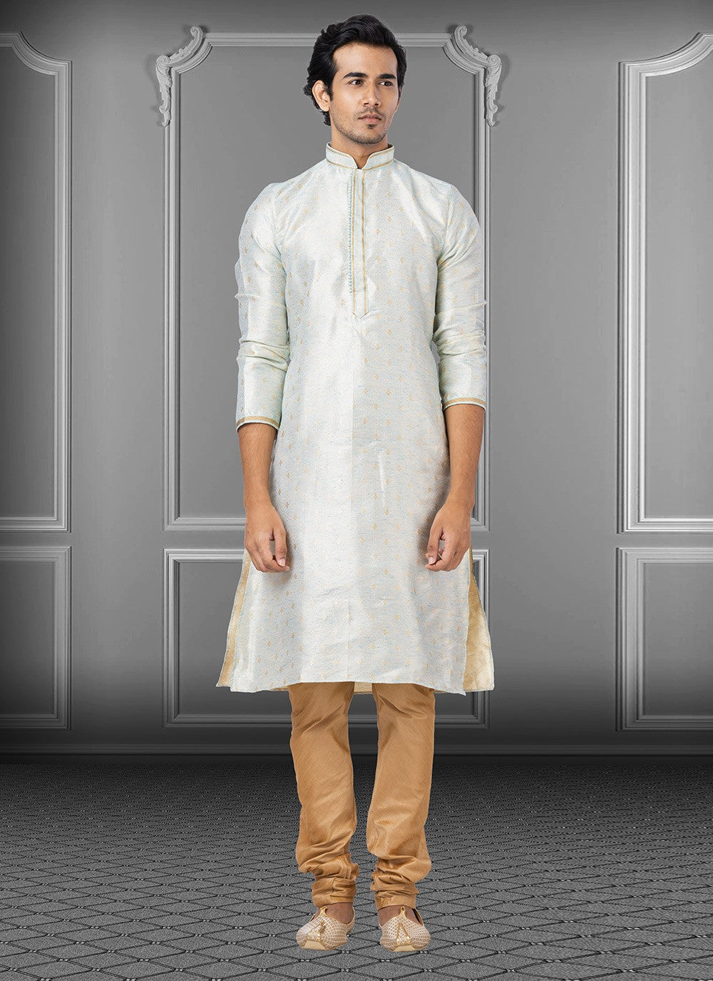 Foliage Prints Jacquard Grey Kurta Pyjama - M3668