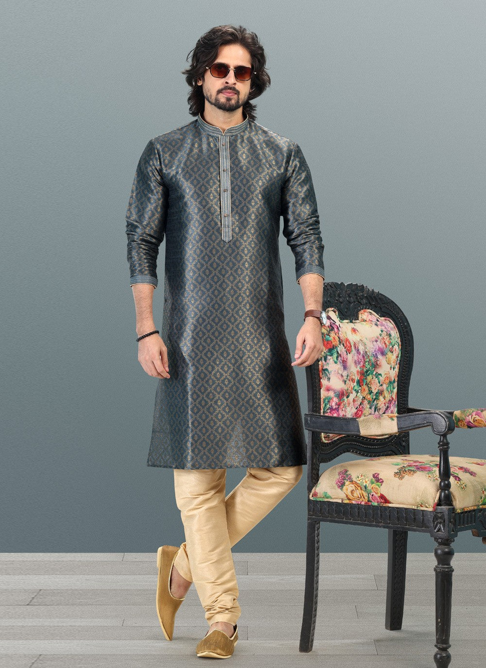 Fancy Work Banarasi Silk, Jacquard Grey Kurta Pyjama - M4837