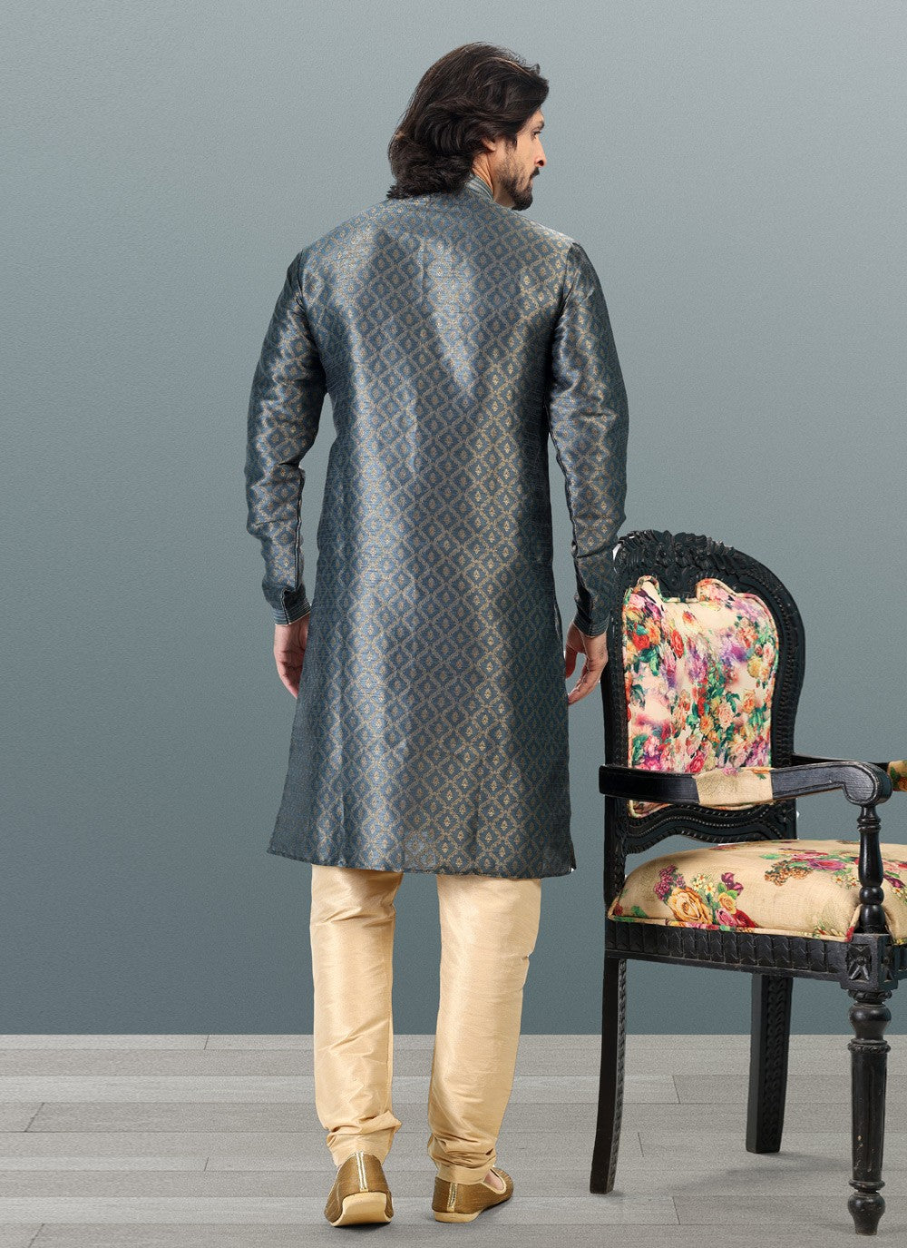 Fancy Work Banarasi Silk, Jacquard Grey Kurta Pyjama - M4837