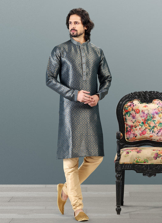 Fancy Work Banarasi Silk, Jacquard Grey Kurta Pyjama - M4837