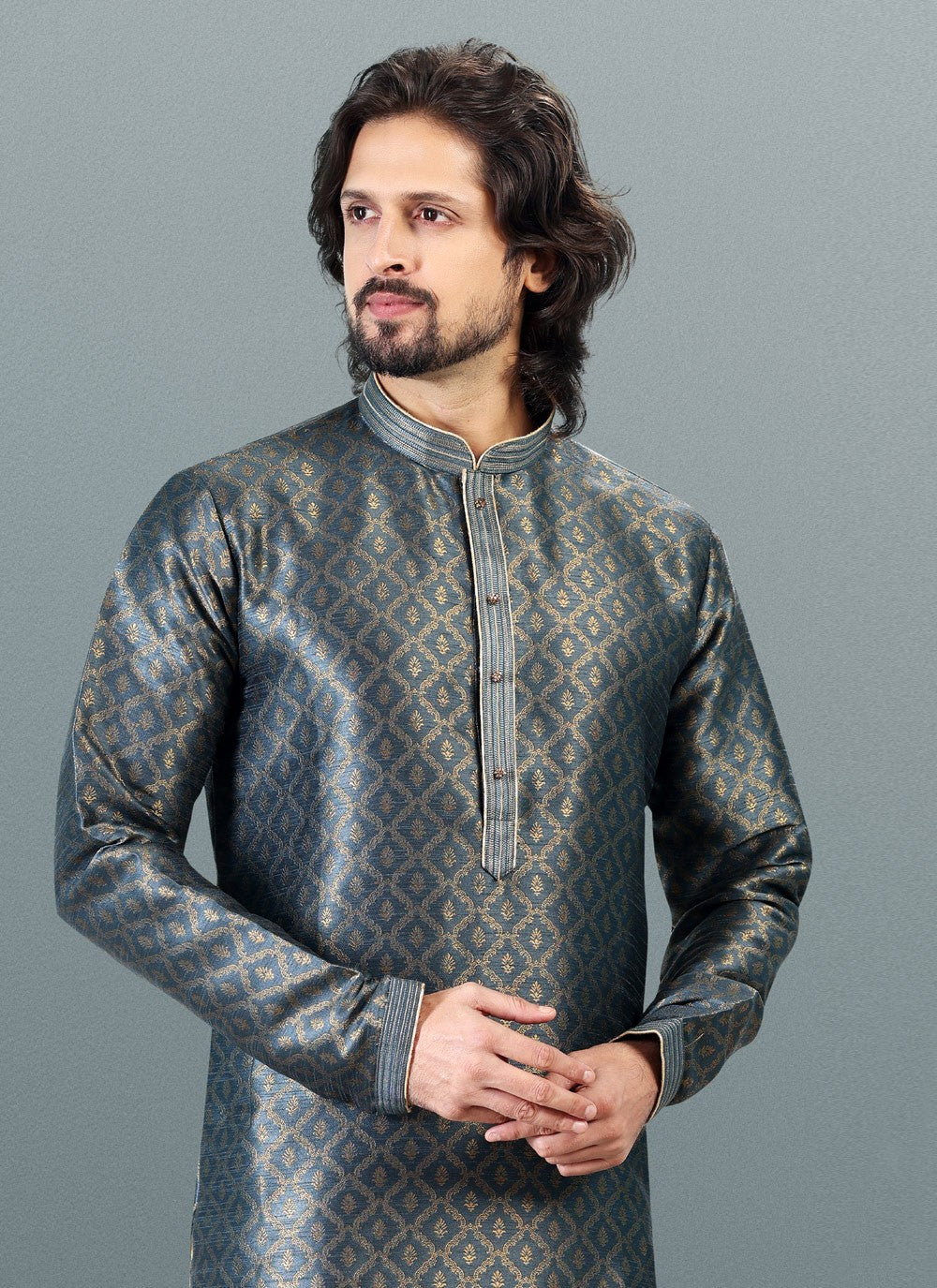 Fancy Work Banarasi Silk, Jacquard Grey Kurta Pyjama - M4837