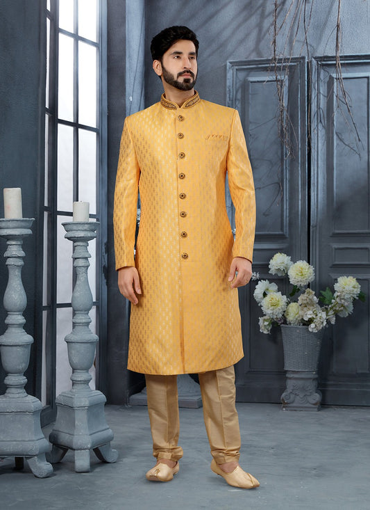 Hand Embroidery Jacquard Yellow Sherwani - M2910