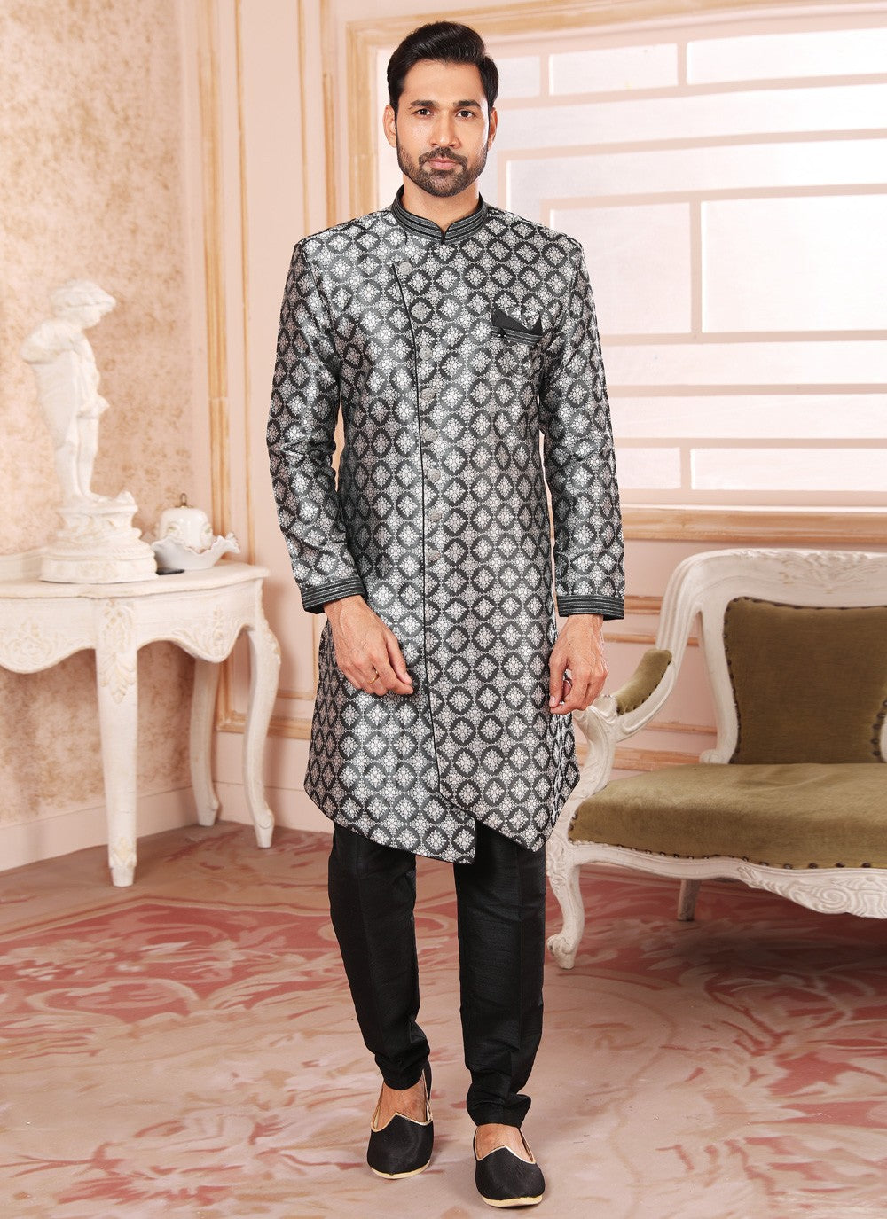 Embroidered Jacquard Black Indo Western - M4417