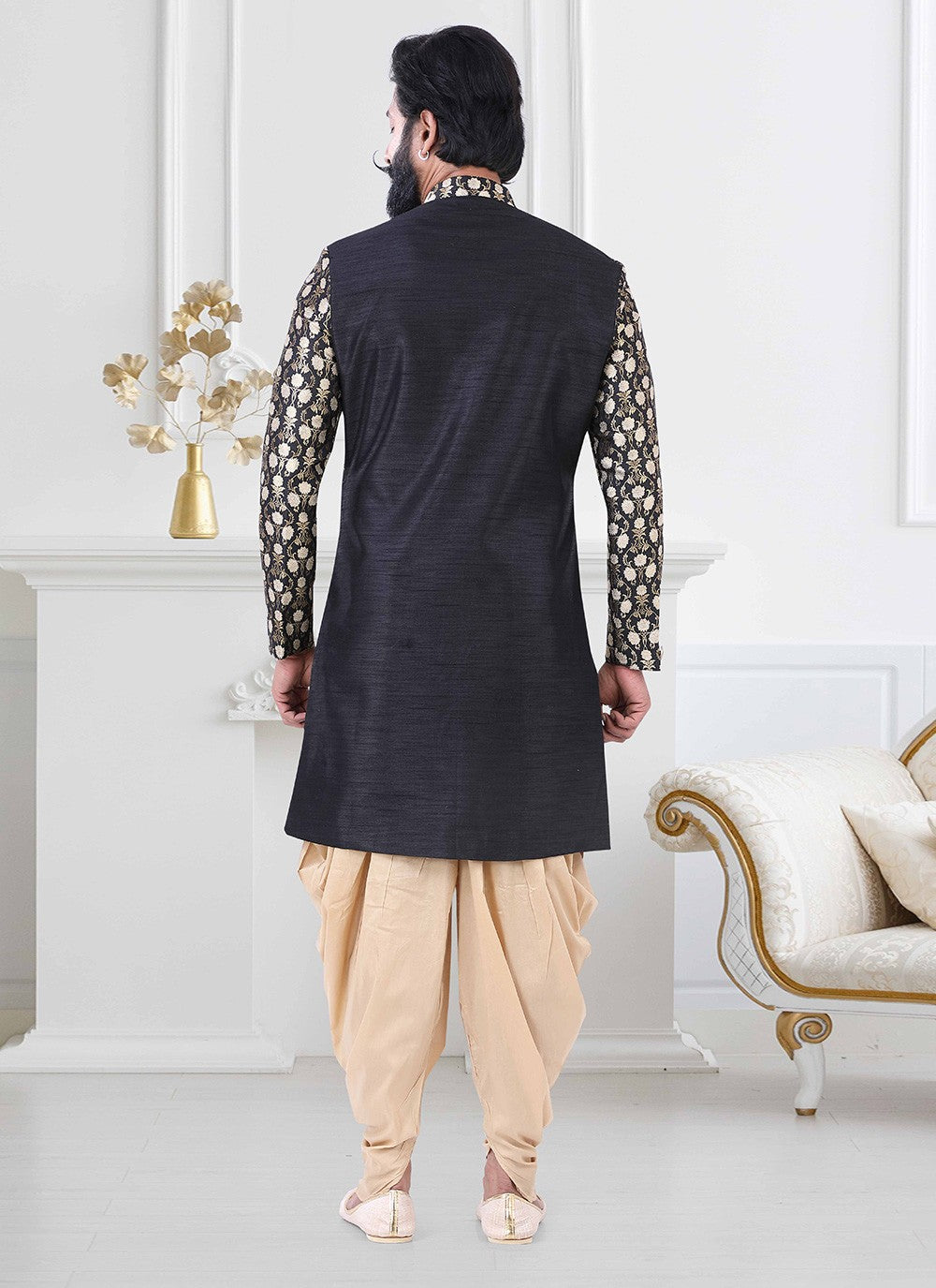 Embroidered Jacquard, Silk Black, Gold Indo Western - M4187