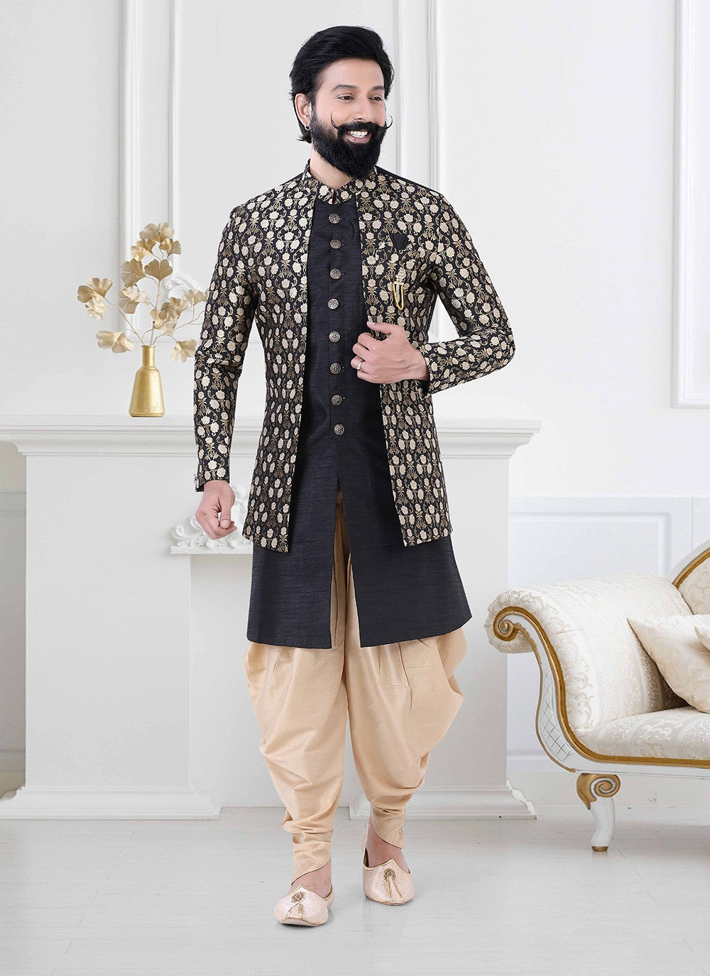 Embroidered Jacquard, Silk Black, Gold Indo Western - M4187