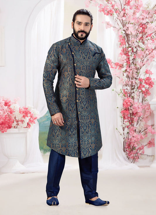 Printed Jacquard Navy Blue Indo Western - M1328