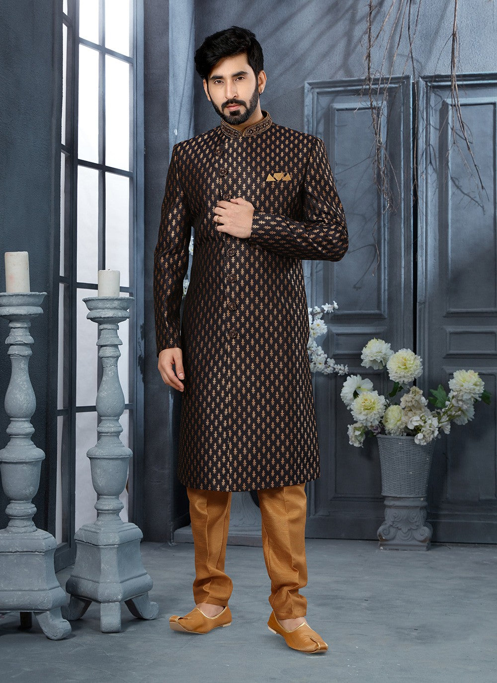 Hand Embroidery Jacquard Black Indo Western Sherwani - M2882