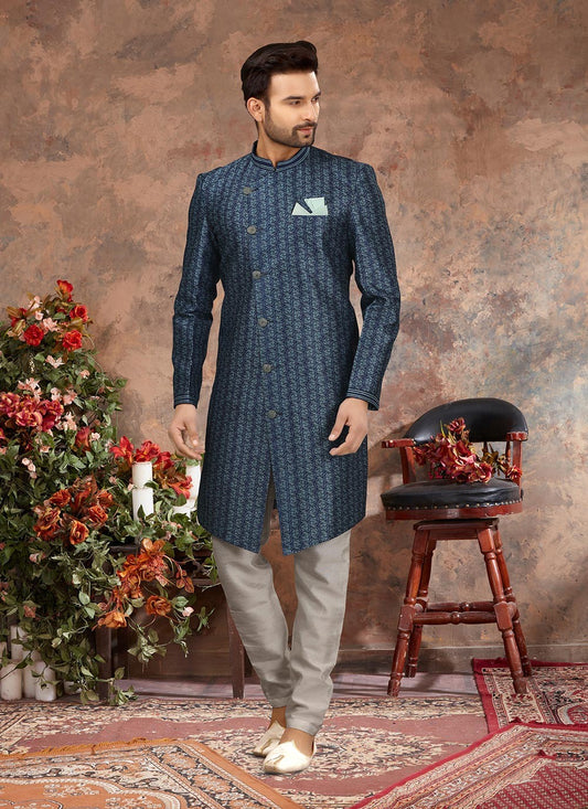 Digital Print Jacquard Blue Indo Western Sherwani - M2885