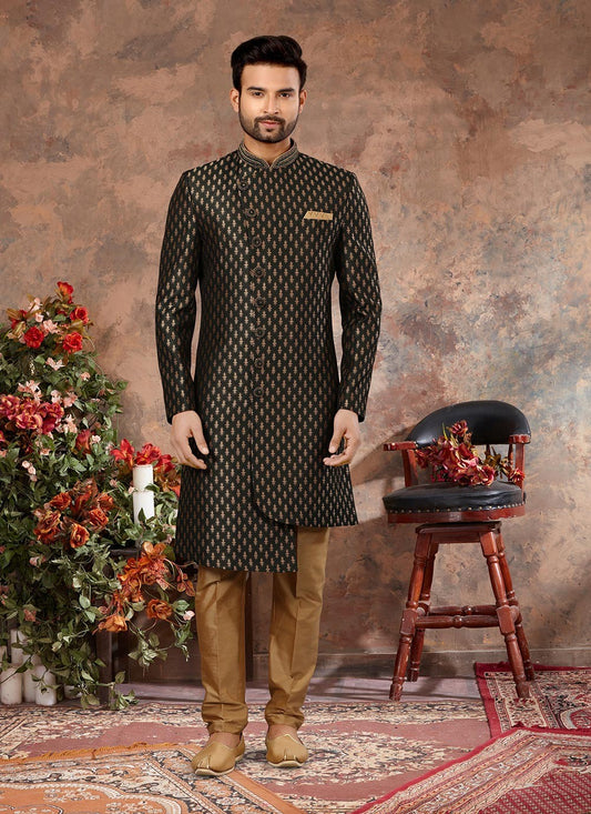 Hand Embroidery Jacquard Green Indo Western Sherwani - M2919