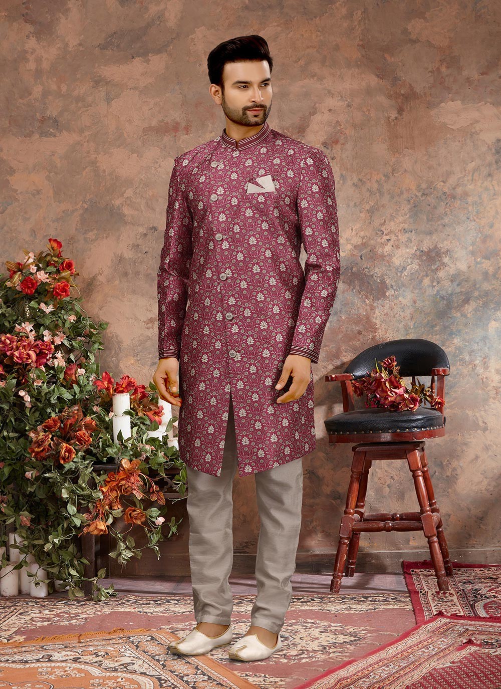 Digital Print Jacquard Multi Colour Indo Western Sherwani - M2890