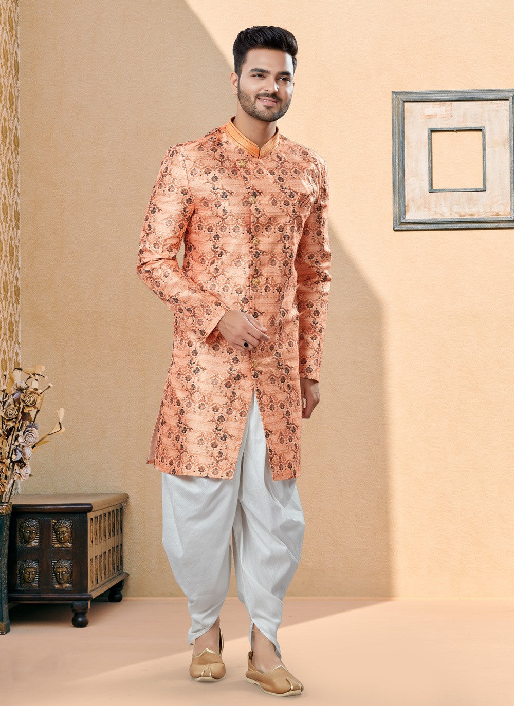 Digital Print Jacquard Peach Indo Western Sherwani - M3884